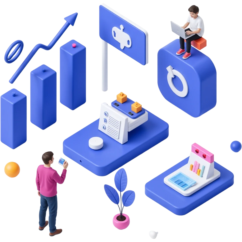 fast motion montage of logos, analytics, and social media elements, futuristic, clean design, skeuomorphism icon style emoji