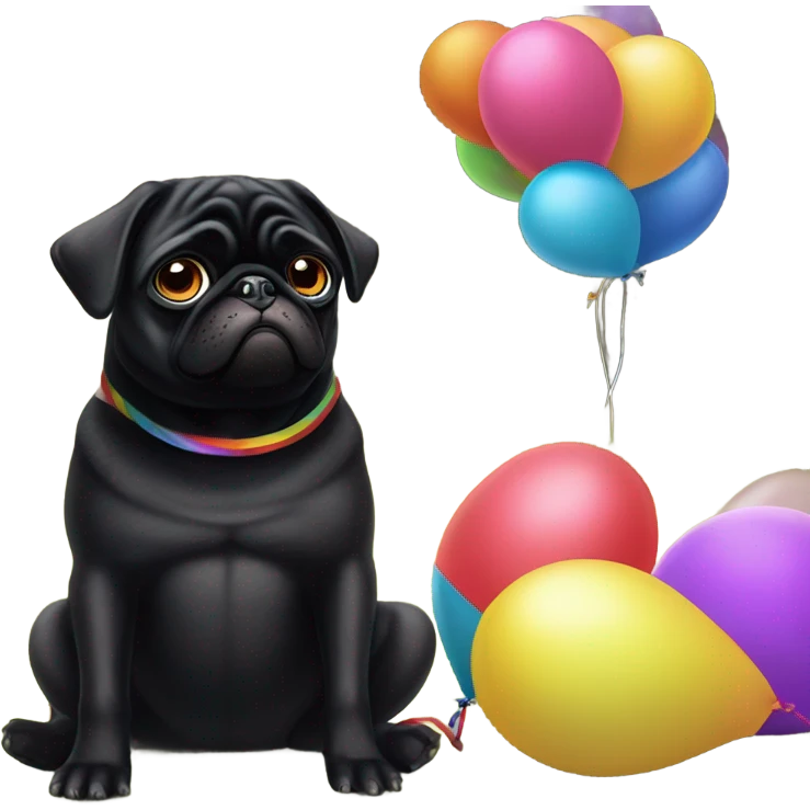 Black pug  and a ballon that says  “I’m sorry” emoji