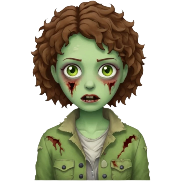 uma zumbi (mulher) com cabelos cacheados castanhos curtos e olhos verdes emoji