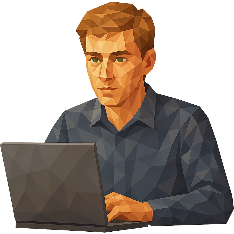 polygonal style man with light brown hair and green eyes sitting in front of a laptop emoji