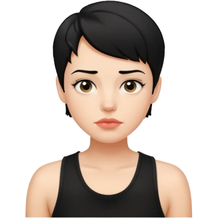 a white woman with short tomboy black hair with mole on top of her lip wearing men's black tank top emoji