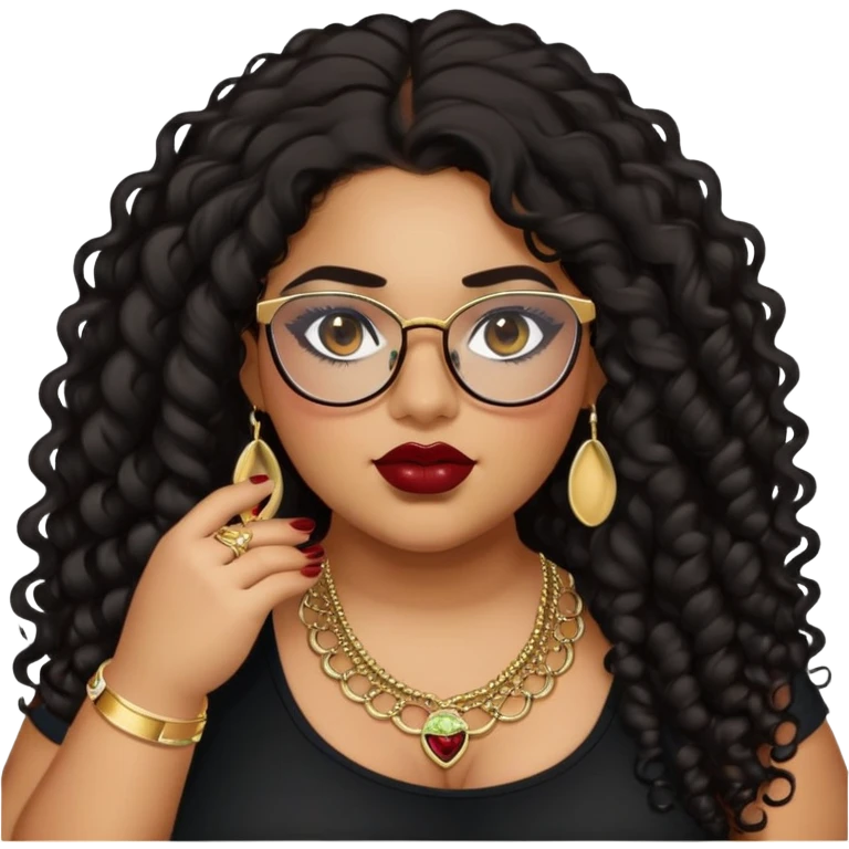 teen big plus size, latina, darker tan skin, gold jewelry, long black curly hair, baddie,pretty, makeup, dark red lipgloss, black eyeliner, long hair, black top, black glasses emoji