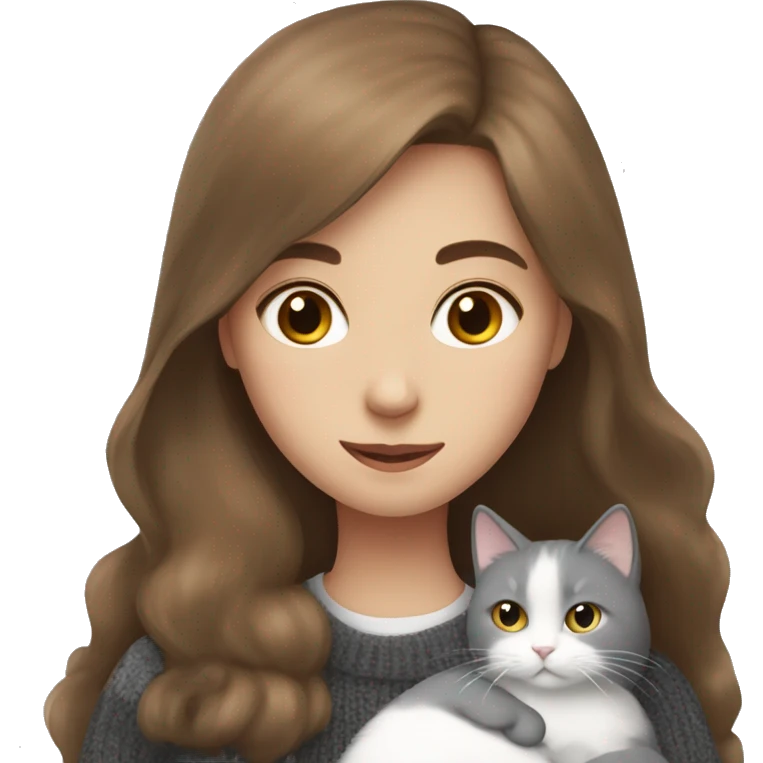 Girl with long brown hair in sweater hugging a british grey and white cat emoji