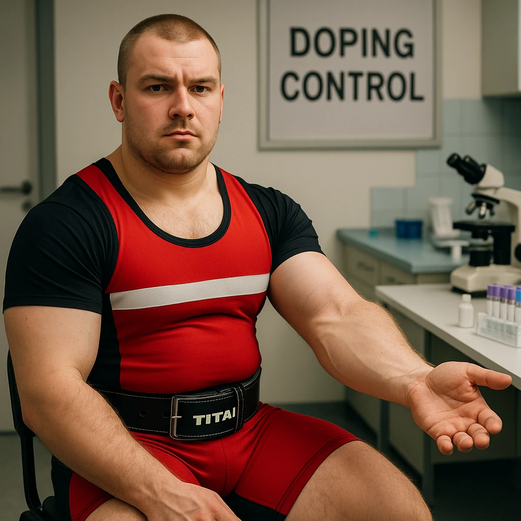 European powerlifter in federal competition showing arm for blood sampling during anti-doping control, competition clothing, laboratory atmosphere, test room background. emoji