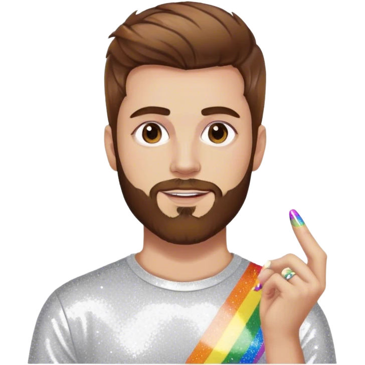 white man with medium length brown hair and short brown beard, very gay pride, add glitter and nail polish emoji