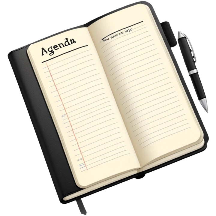 A classic black Moleskine notebook open to show an agenda page with meeting items and bullet points emoji
