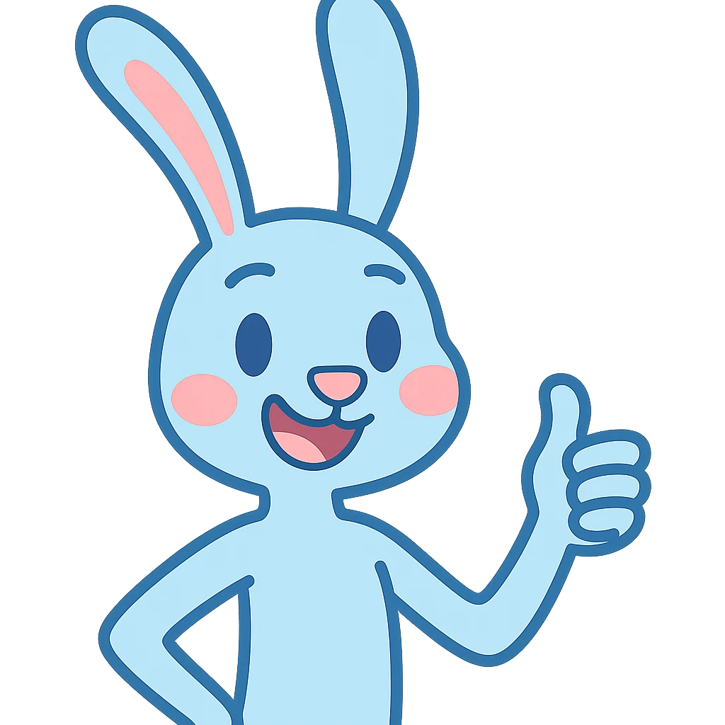 A skinny blue pastel bunny giving a thumbs up, cute, smiling, friendly, with no background. Remove the background to isolate the subject. emoji