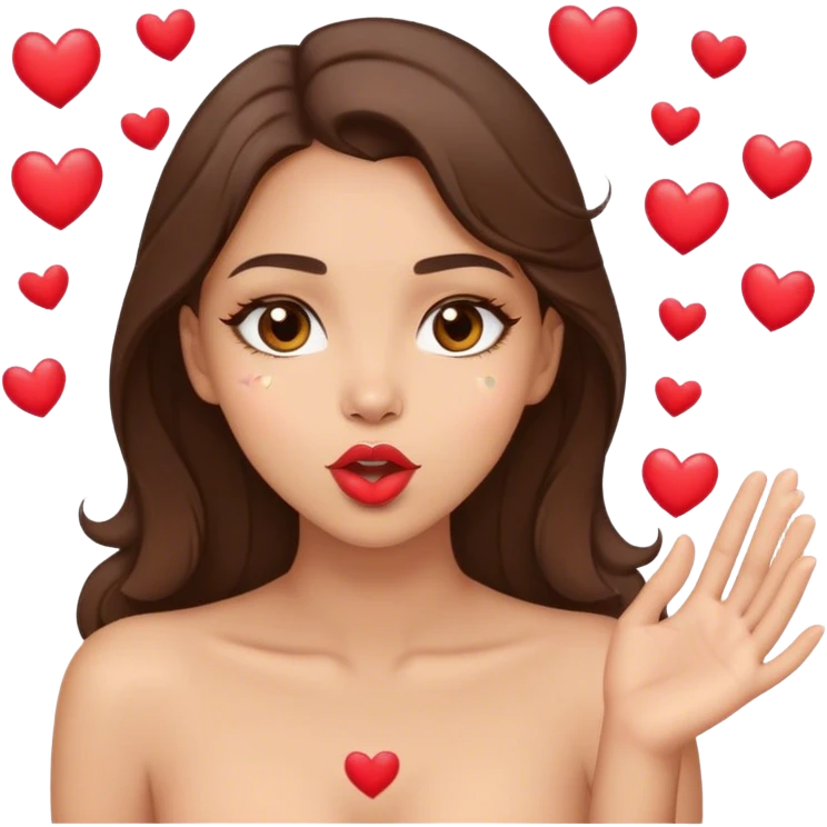 Light skin brunette with light brown eyes blowing a kiss with little hearts on the air emoji