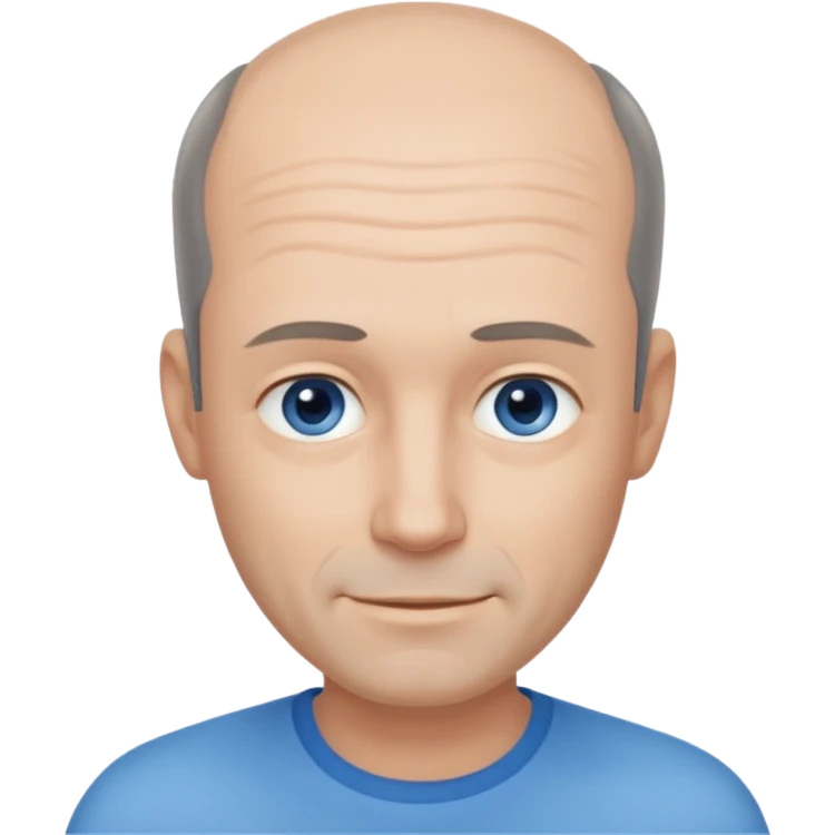 Middle aged man with black-greyish receding hairline, some hair on top, small blue eyes, clear face, shy smile emoji