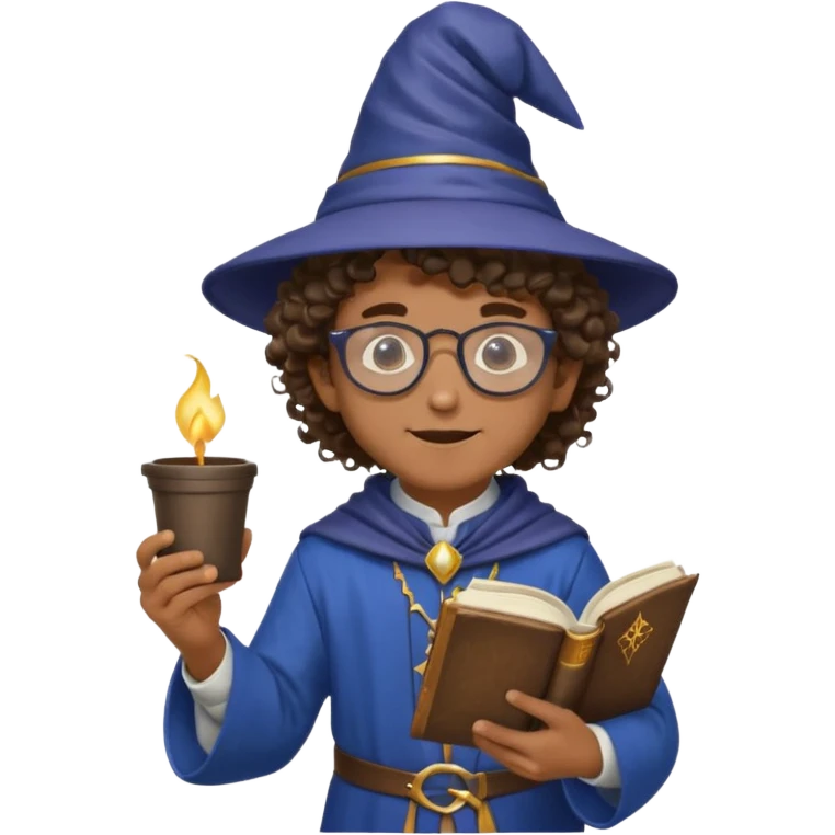A Joyful Child Male with Brown skin and Curly hair, wearing a Traditional outfit, a Wizard hat, Sunglasses, carrying a Spellbook, working as a farmer, while drinking Coffee and reading a Textbook. emoji