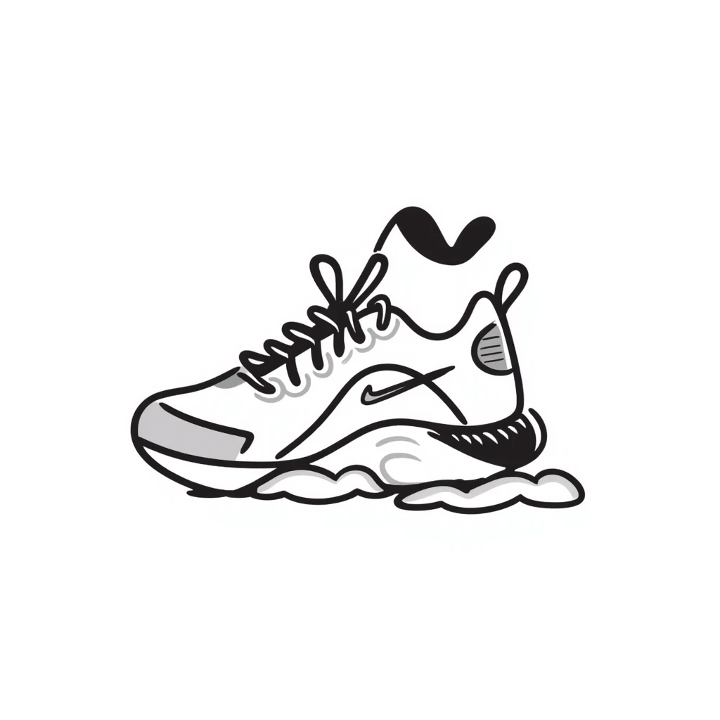 Modern athletic running shoes/trainers with details in pastel colors (dd9fb0, ffc6d3, a3bfc9, c4bee2, f1b091), hand-drawn doodle style emoji