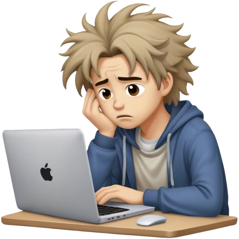 Create an emoji of a tired person sitting at a laptop, looking exhausted and frustrated. They have slouched posture and messy hair, representing overwork and burnout. emoji
