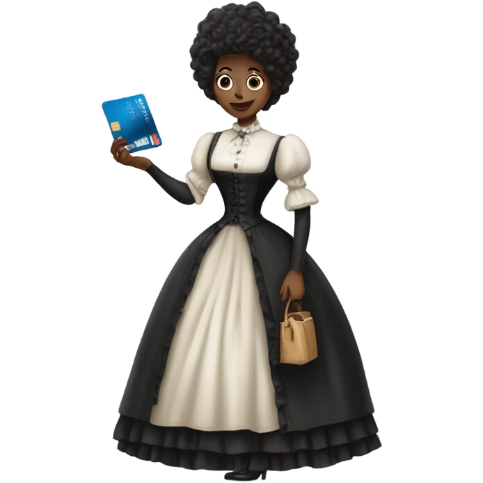 galora waitress in Victorian dress elegant, full body, holding big credit card emoji