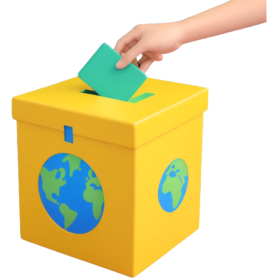 3D illustration of a simplified Earth with green and blue colors halfway inside a warm yellow ballot box, with two hands guiding it, playful style, bold lines, soft textures emoji