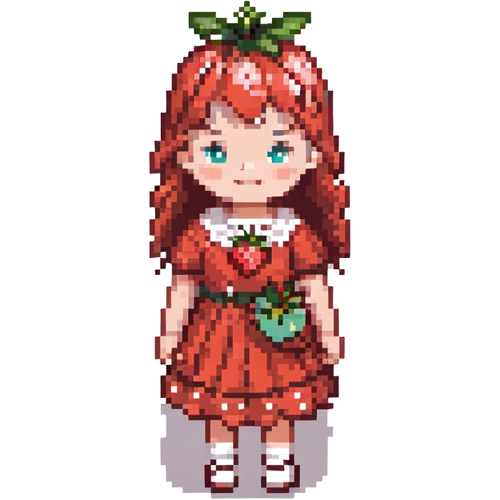 Little girl in red dress with white polka dots and strawberry on the right side of her head emoji