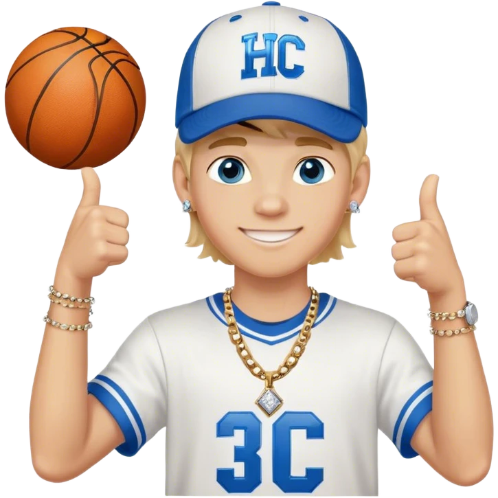 White teenage boy with blonde hair blue eyes has diamond earrings wearing baseball cap that has the letters HC on the front of them, has a basketball chain on, is holding up two thumbs up while smiling emoji