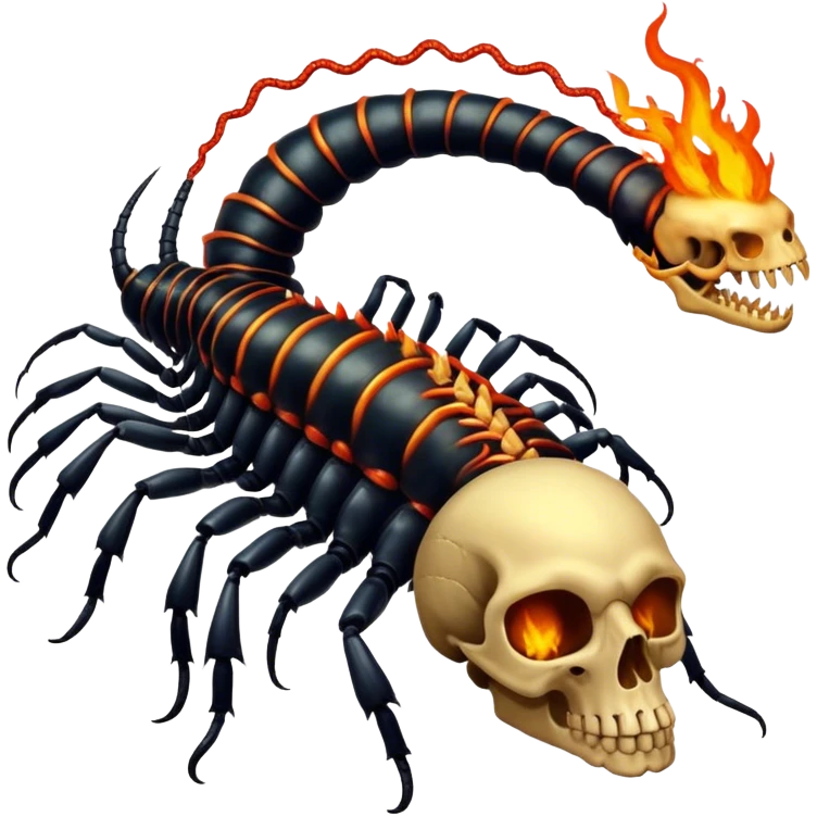 Infernal Centipede Tyrant – A towering centipede king with flaming exoskeleton armor, venomous fangs, and a human skull embedded in its chest emoji