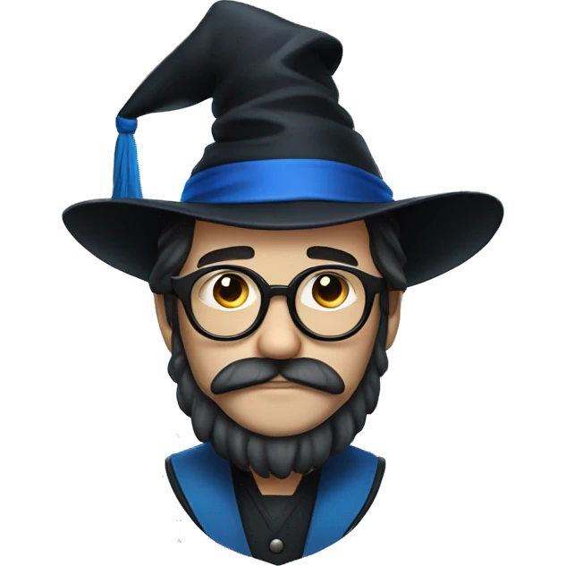 man with white skin, black longer hair, mustache, glasses, with a magic hat, ravenclaw emoji