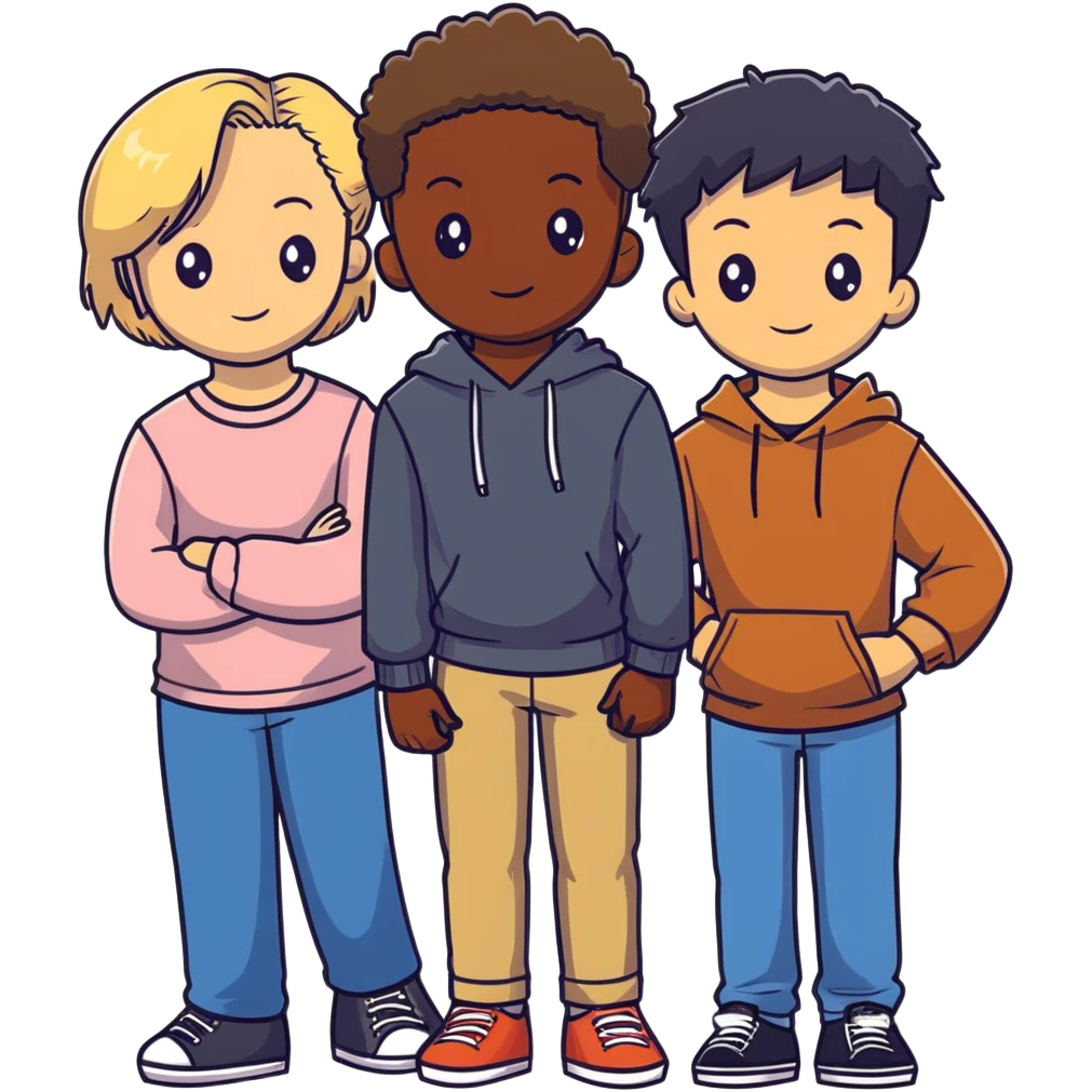 Group of diverse friends standing together, including a dark-skinned boy with straight hair, a light-skinned boy with straight blonde hair, a light-skinned girl with straight black hair, a mixed-race girl with straight brown hair, a light-skinned boy with wavy black hair, a mixed-race girl with dark curly hair, and in the center a light-skinned girl with wavy brown hair emoji