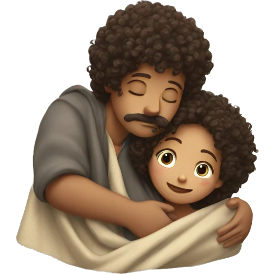 Boy with a moustache hugs a girl with curly hair , under a blanket emoji