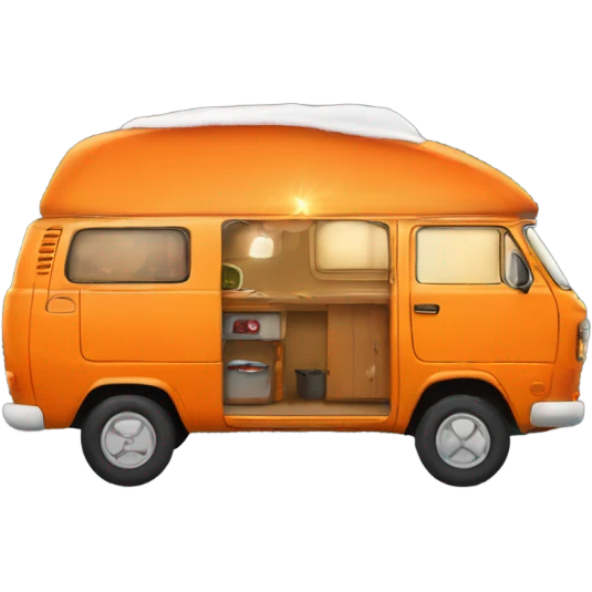 Orange camping van with Christmas lights emoji