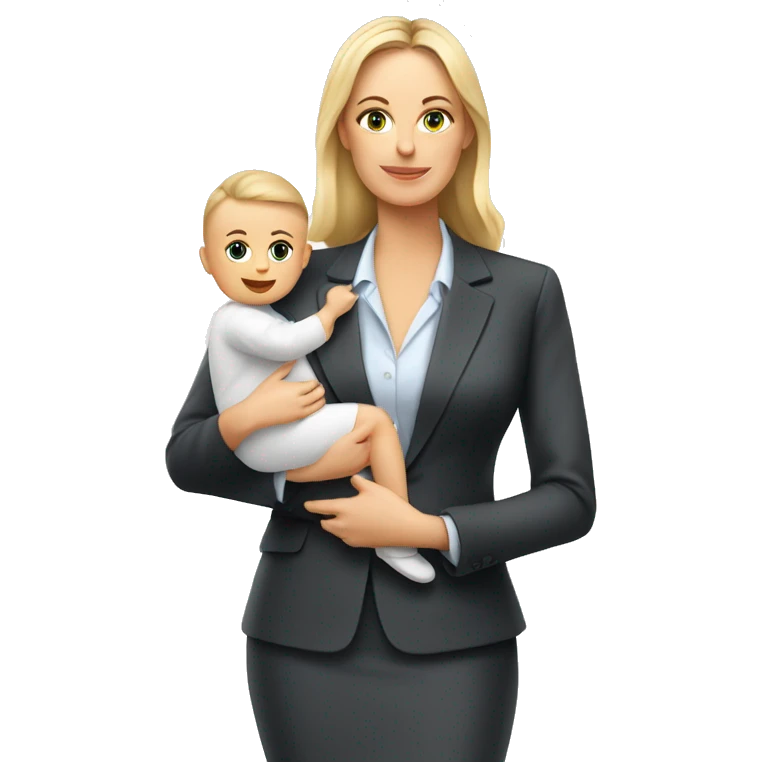 Busy european mom in businesssuit with baby emoji