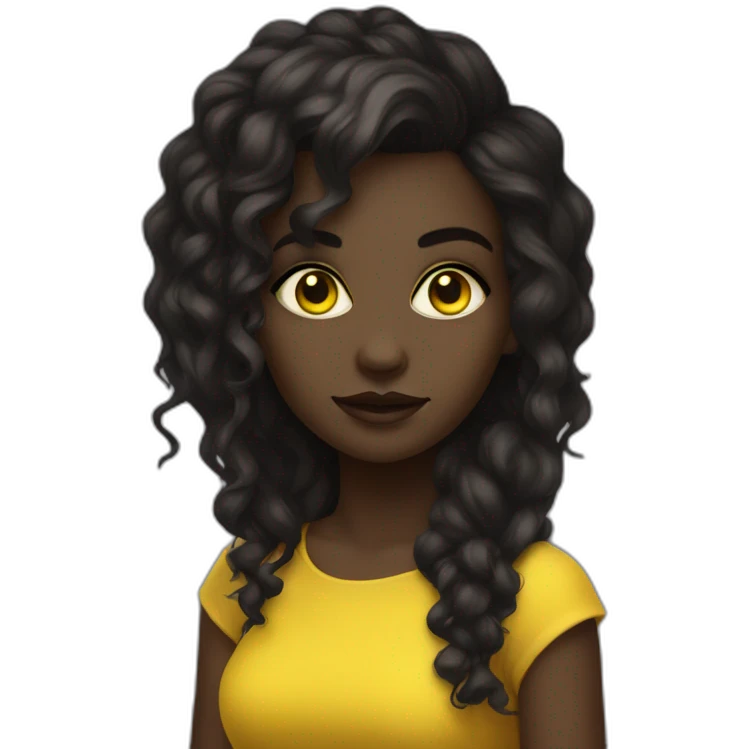 cute punk girl in yellow dress dark skin with yellow eyes and dark curvy hairs drummer emoji