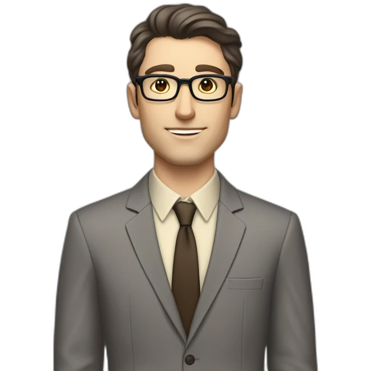 Full height Pale skinned Fit Man With dark brown hair in classic gray suit, beige office shirt, dark gray tie, and vintage glasses. Thrumbs of his palms directed up emoji