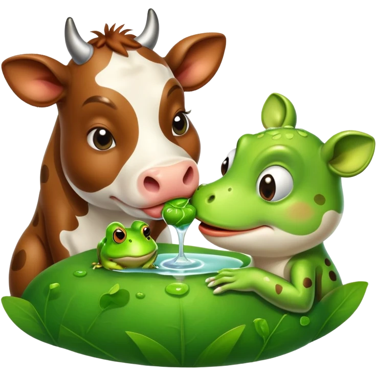 A drunk cow kissing a frog emoji