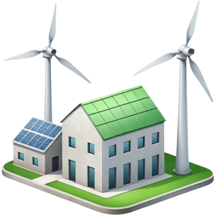 factory with green roof and wind turbine beside it, clean and colorful emoji