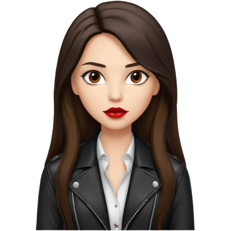 brunette with very long hair in black cuir jacket with red lips and very dark brown eyes and white shirt emoji
