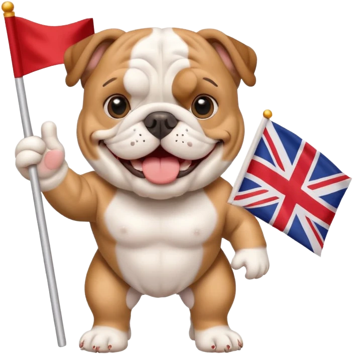 english bulldog waving a small tour flag, smiling emoji