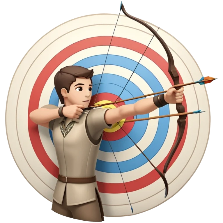 An archer drawing a bow and aiming an arrow at a target, with perfect focus and precision. The target is visible in the background, featuring concentric rings. The scene captures the concentration and skill involved in archery, emphasizing the elegance and accuracy of the sport. emoji