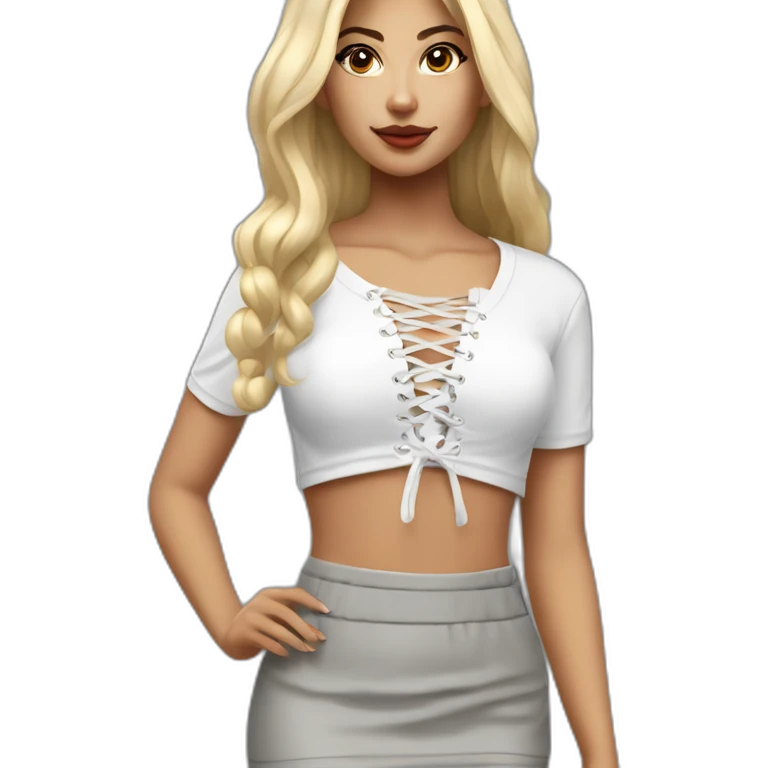 white long straight blonde woman realistic white lace up crop top and grey mini skirt emoji