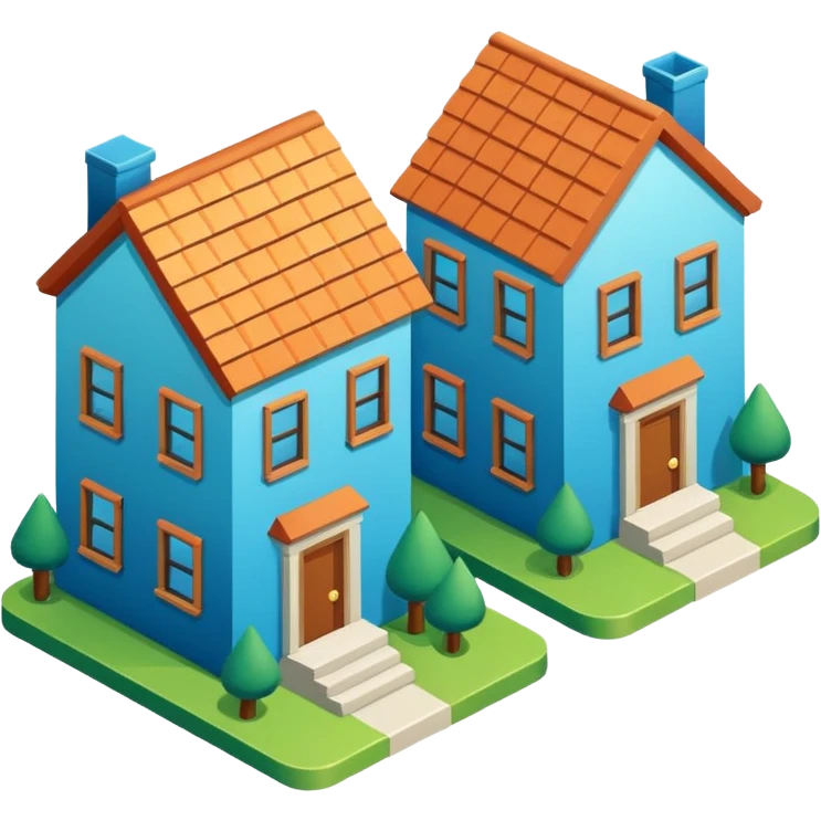 group of 3 houses representing neighborhood isometric houses on transparent background similar in style to the iphone icons houses should be colored in blue and green details emoji