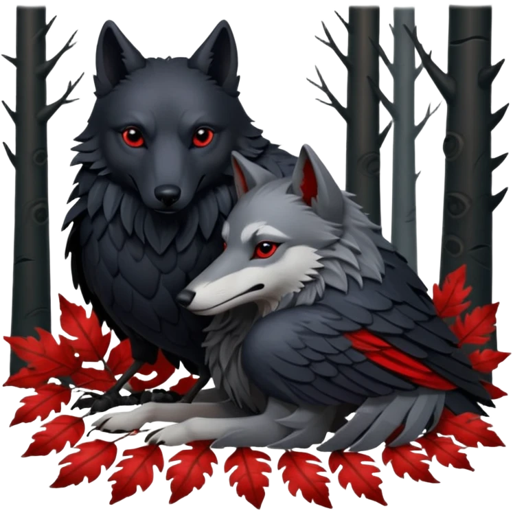 A raven and a wolf curled together with Weirwood leaves beneath them  emoji