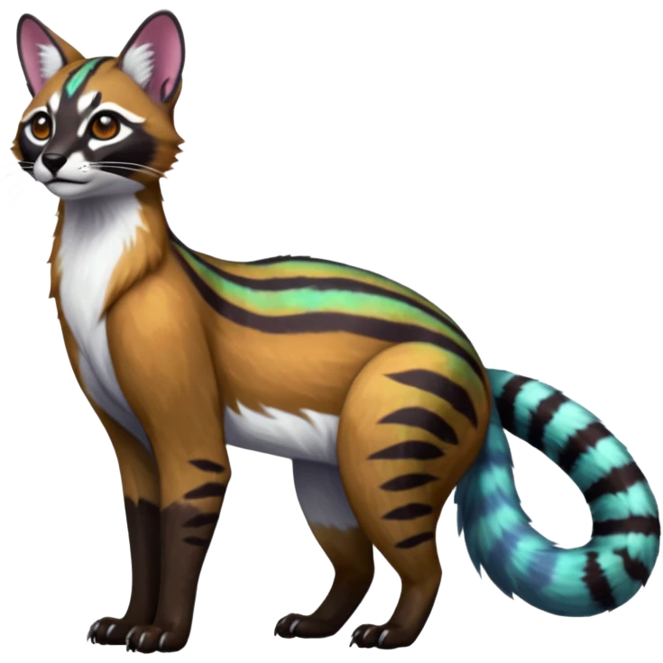 Colorful dark tropical white iridescent glorious divine exotic cute cool beautiful shiny beautiful floral fantasy-caracal-civet-genet-sergal-vernid-Cacomistle-oncilla-animal-Fakémon-hybrid-fursona (full body) emoji