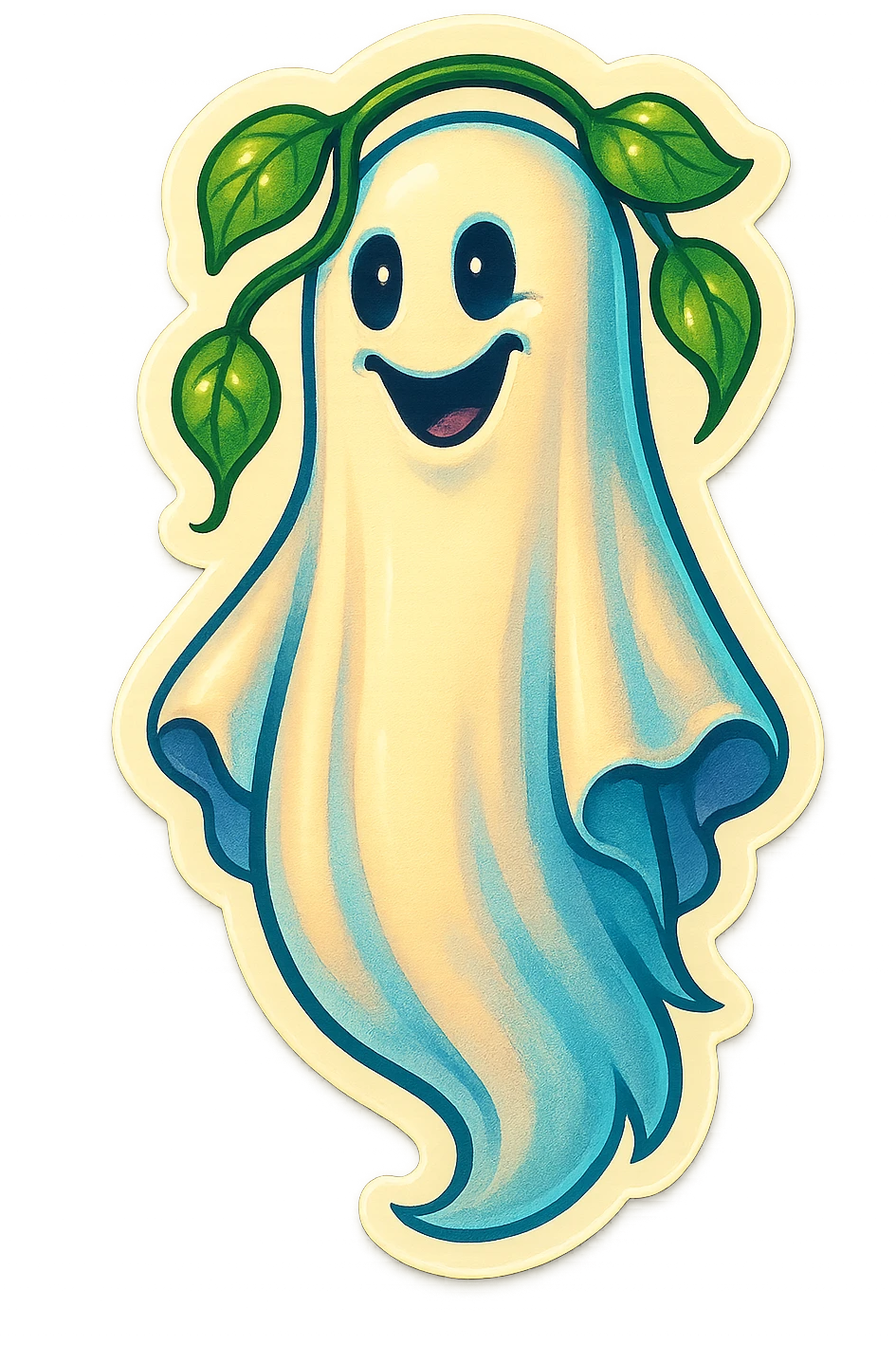 tall slim ghost with a vine and a few leaves draped over its head and shoulders, friendly and whimsical, expressive shadows and highlights, retro sticker style emoji