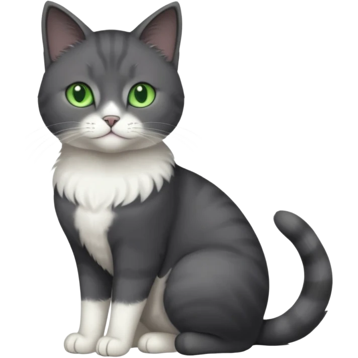 full body view of beautiful female solid dark grey cat with green eyes, white toes and white patch on chest emoji