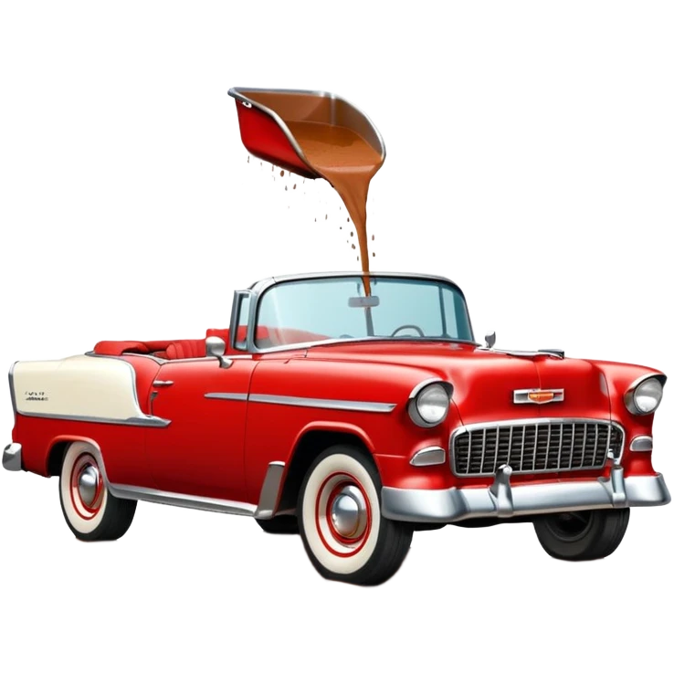 1955 Chevrolet Bel Air Convertible, Red-White color, with a bucket of brown mud pouring down on it, and the car itself is all dirty. 32x32 pixels, aspect ratio: 1:1 emoji