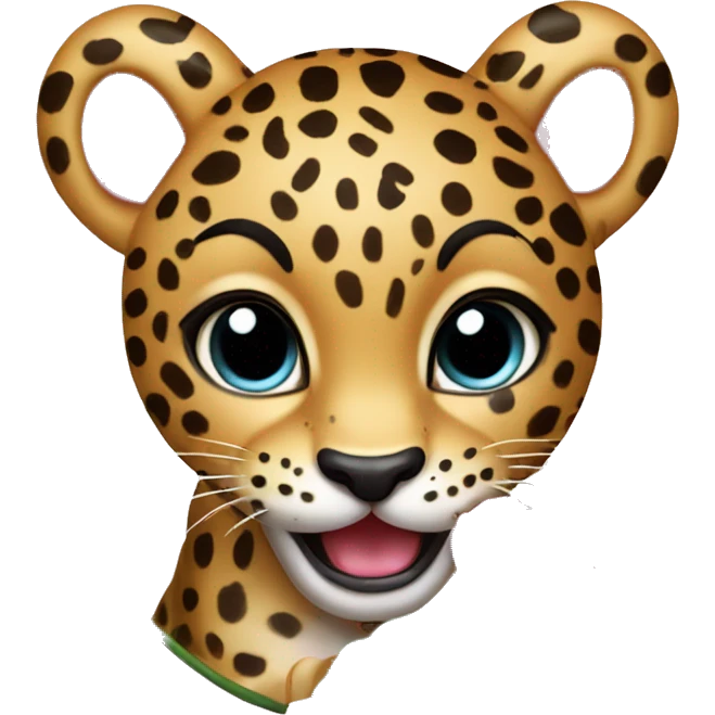 a cute leopard roaring with a fairly medium sized baby pink flower placed near the ear emoji