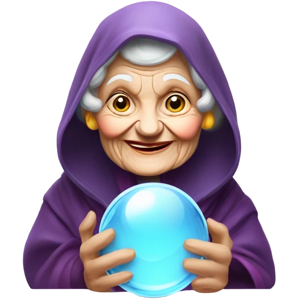 Wise Old Lady Fortune teller with crystal ball looking into the camera smiling emoji