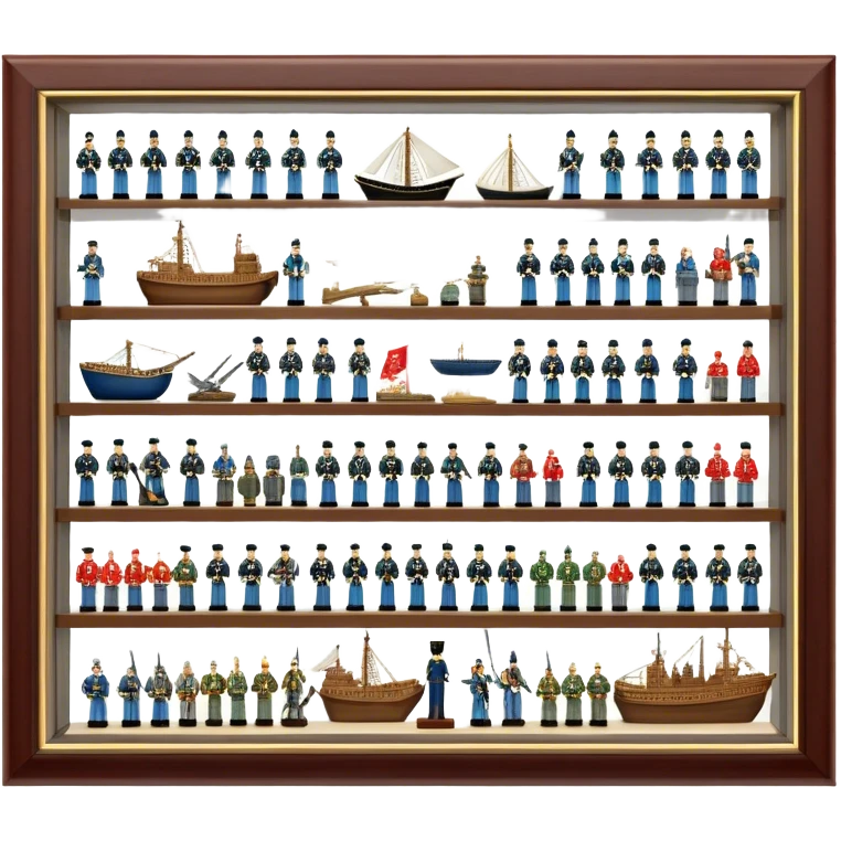 Icon for Miniature Collecting: a collection of finely detailed miniature items such as tiny colorful army of soldiers, ships and accessories, neatly displayed on a shelf or in a display case. The icon should convey the intricacy and charm of collecting miniature objects. Transparent background. emoji