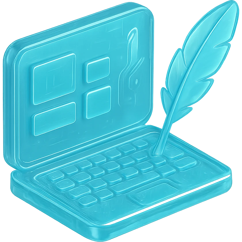 Flat icon of a laptop with a quill pen and content blocks, cyan blue emoji