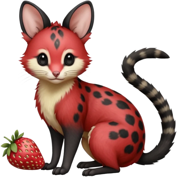 Strawberry-Red, black-pointed, soft natural realistic romantic vintage antique divine beautiful elegant pretty precious cute young youthful  Fakémon-Pokémon-opossum-feline-mouse-serval-caracal-chinchilla-Minccino-Cinccino-Meowstic-rodent-hybrid-creature with a big fluffy bushy tail (full body) emoji