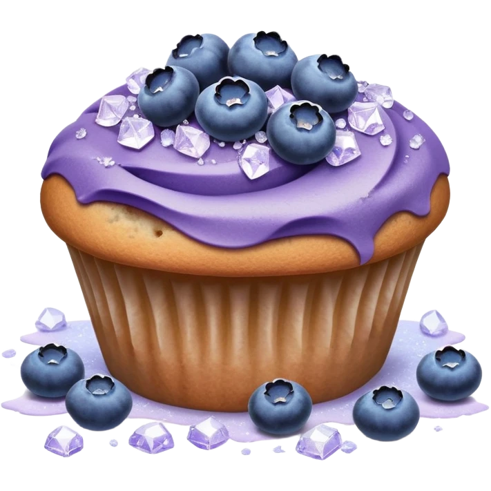 Lavender flower sprigs on a muffin with blueberries and sugar crystals without frosting  emoji