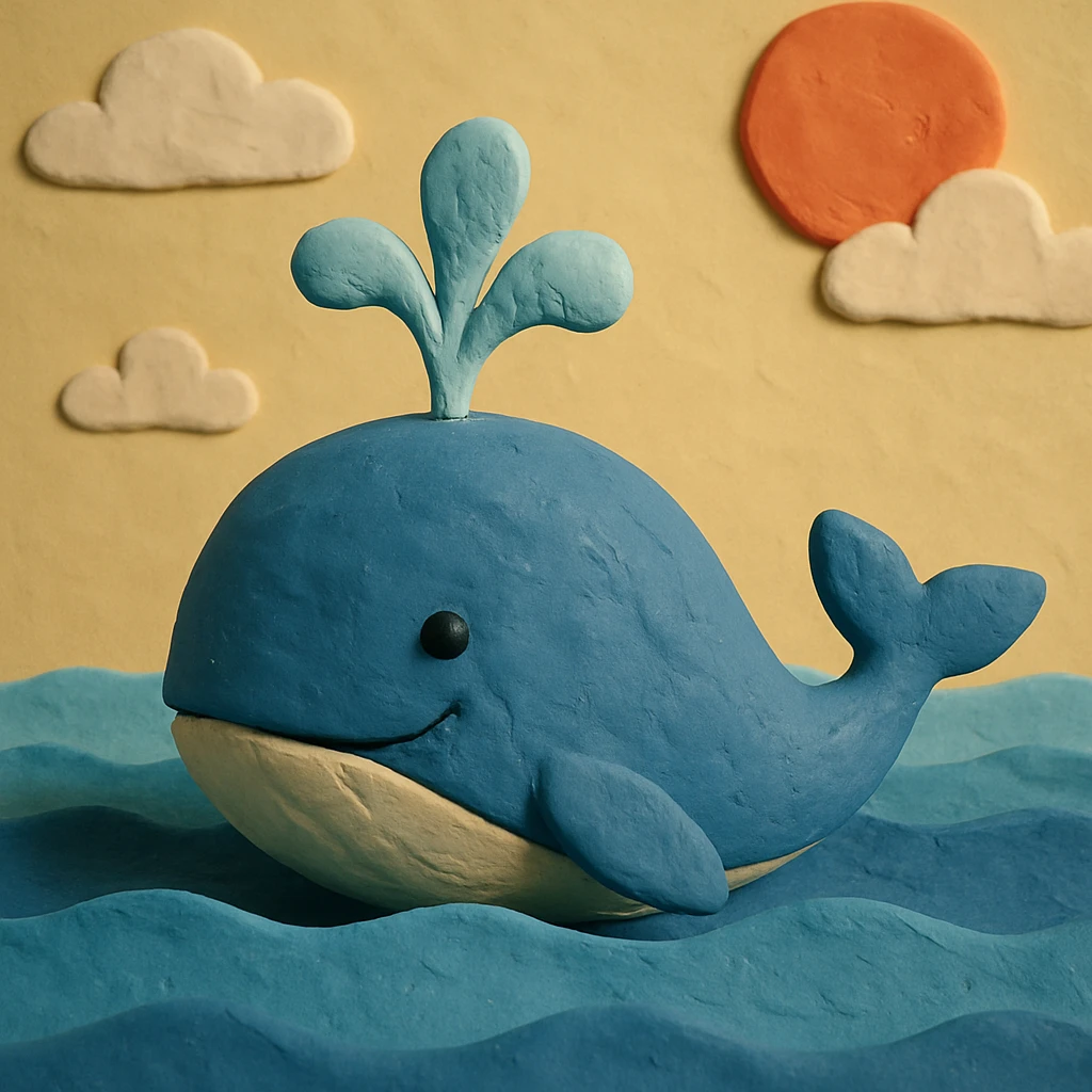 a blue whale with a water spout, claymation style emoji