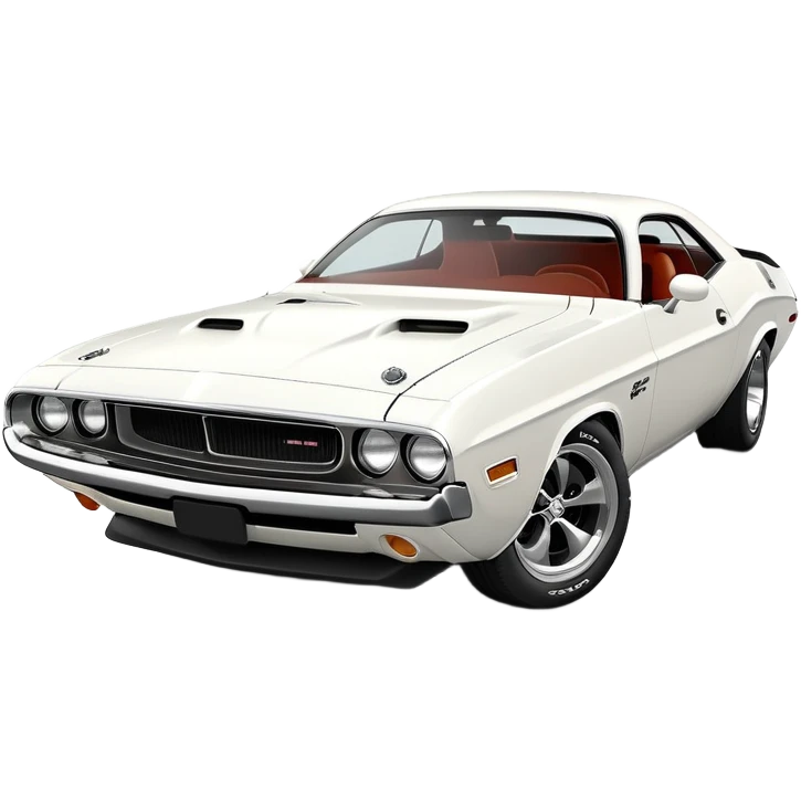 Elegant white 1971 Dodge Challenger muscle car, precise 30-degree perspective view, showing detailed front fascia and profile, clean lines, completely white exterior, iOS emoji style emoji