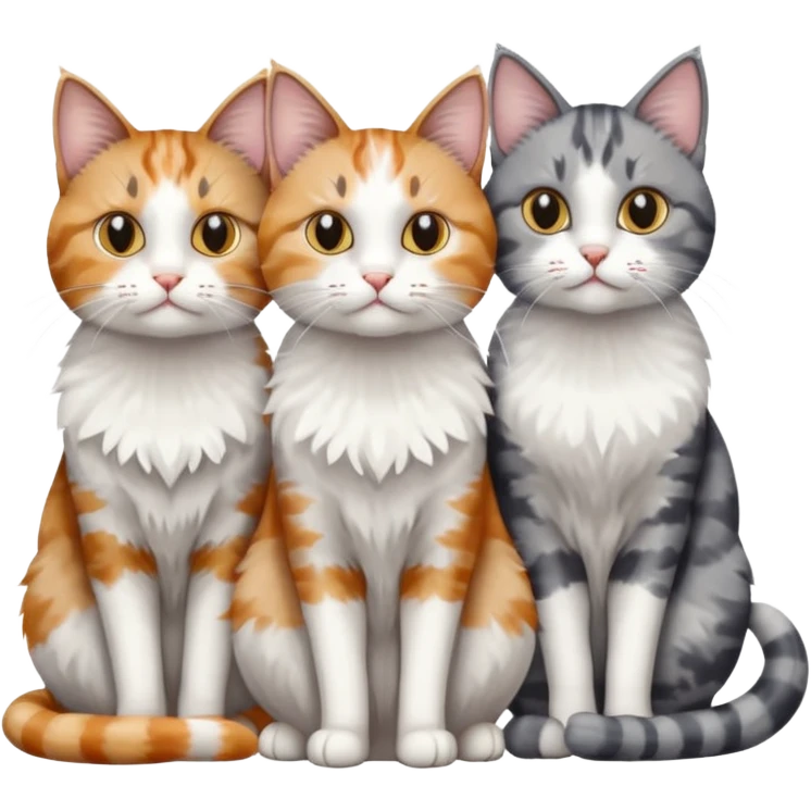 a fluffy grey and white cat sitting with 2 other cats emoji