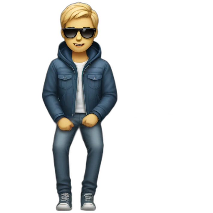 A boy sitting on table with laptop,wear a jacket and have sunglasses emoji